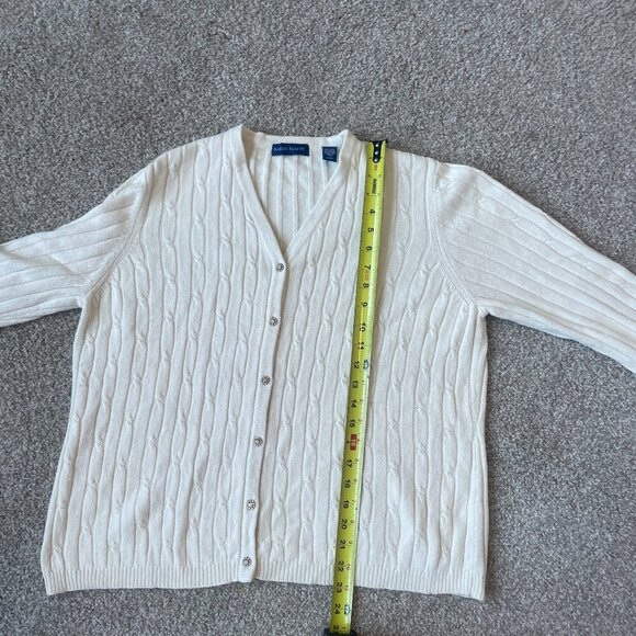 Karen Scott Cream Silk Angora Blend Cable Knit Cardigan Rhinestone Button - Picture 6 of 9
